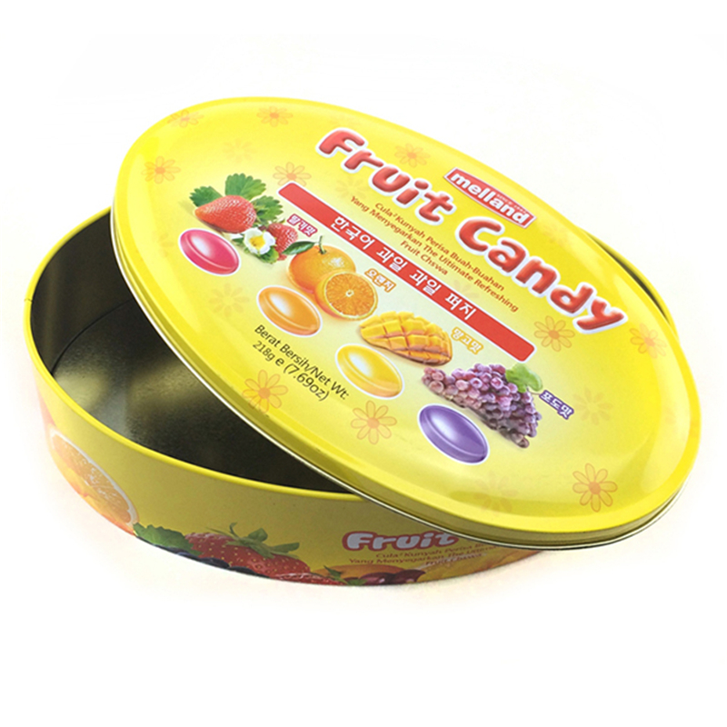 Caixa oval da lata dos doces da fruta do costume com logotipo gravado