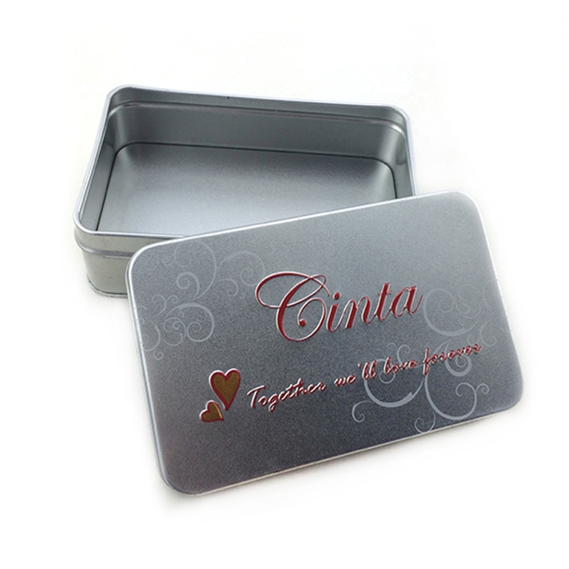 Caixa cosmética retangular da lata do verniz de prata feito sob encomenda com logotipo gravado