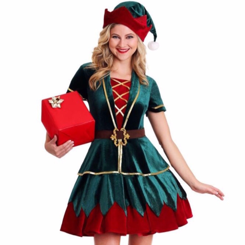 4pcs Deluxe Elf Christmas Party Holiday Velvet Mini Dress Costume with Hat
