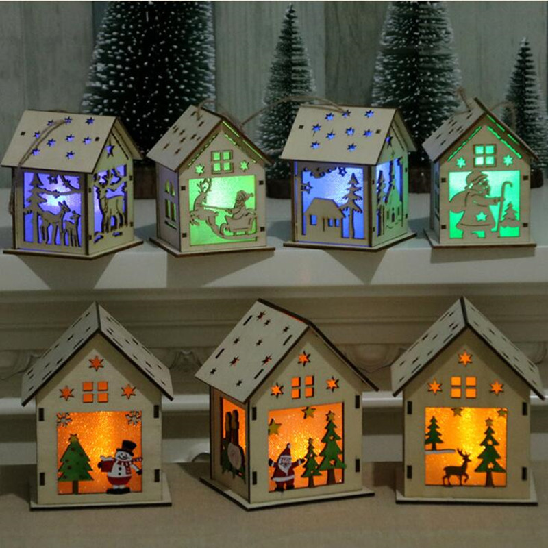 Casa de madeira com luzes led para artesanato de Natal por atacado