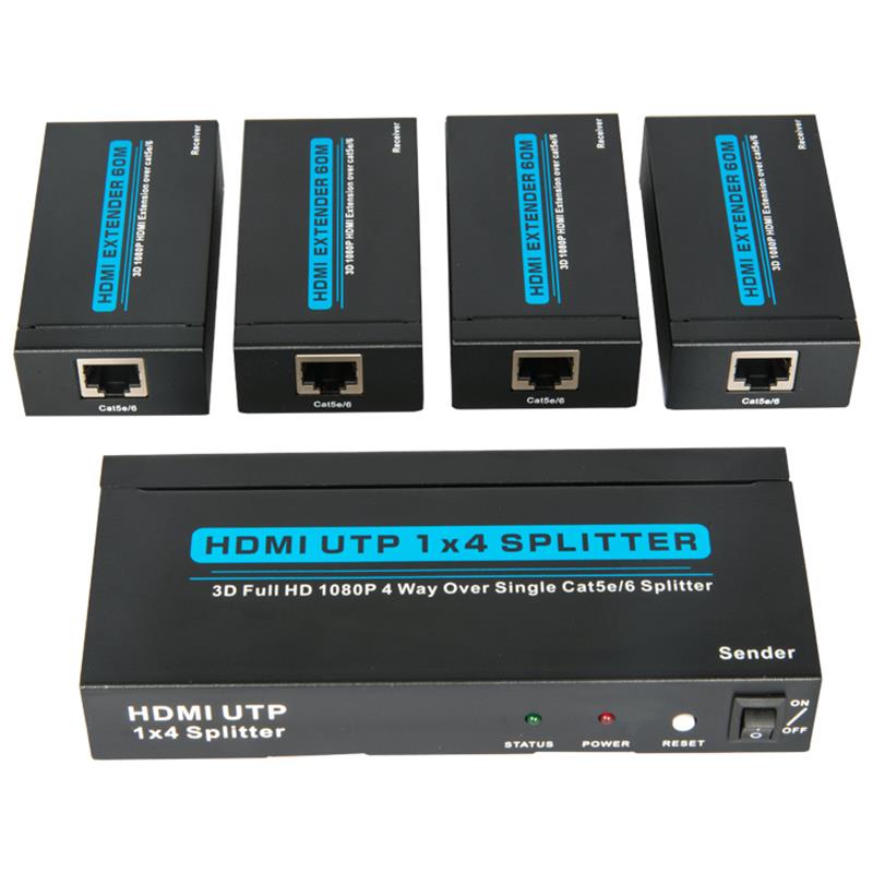 Divisor de 4 portas HDMI UTP 1x4 sobre Cat5e / 6 único com 4 receptores de até 60m