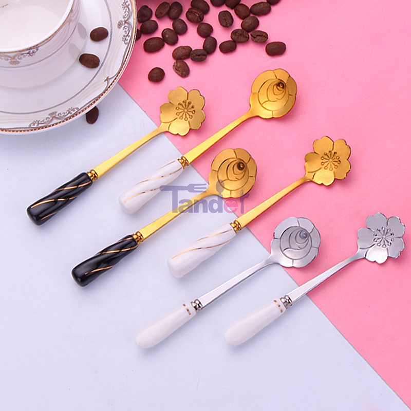 Cutlery golden flower shape coffee spoon inoxidável colher de chá de aço