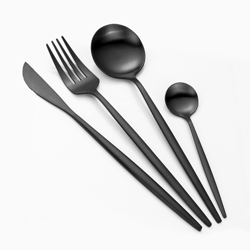 talheres reutilizáveis ​​modernos titânio preto cor talheres de restaurante, conjunto de talheres preto fosco de aço inoxidável de metal