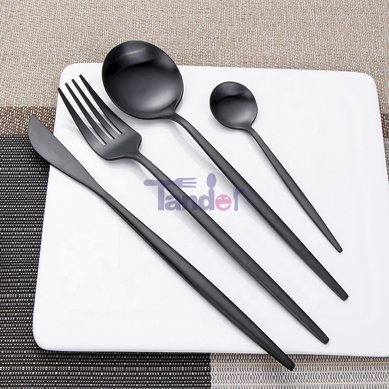 talheres reutilizáveis ​​modernos titânio preto cor talheres de restaurante, conjunto de talheres preto fosco de aço inoxidável de metal