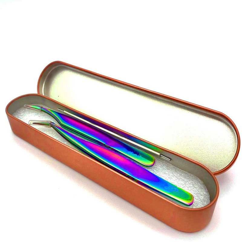 2 pcs kit de Pinças de Extensão dos Cílios, Aço inoxidável colorido da superfície do arco-íris 3D 4D 5D 6D Extensões de Cílios profissionais Forma de Volume Curvo Pinças de Pinça com Caixa de aluminuim