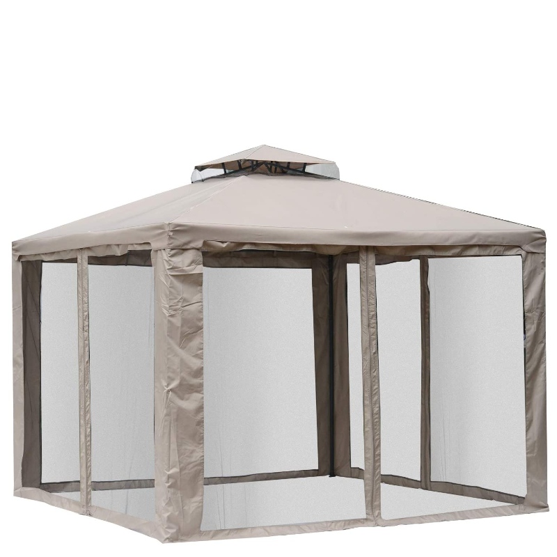 10’ x 10’ Patio Gazebo Pavilhão Canopy Tent, 2-Tier Soft Top com Netting Mesh Sidewalls, Taupe