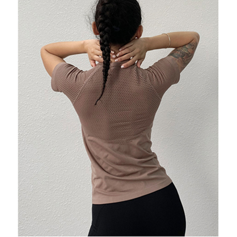 Projeto oco-esculpido treinamento blusa respirável verão movimento fino yoga manga curta