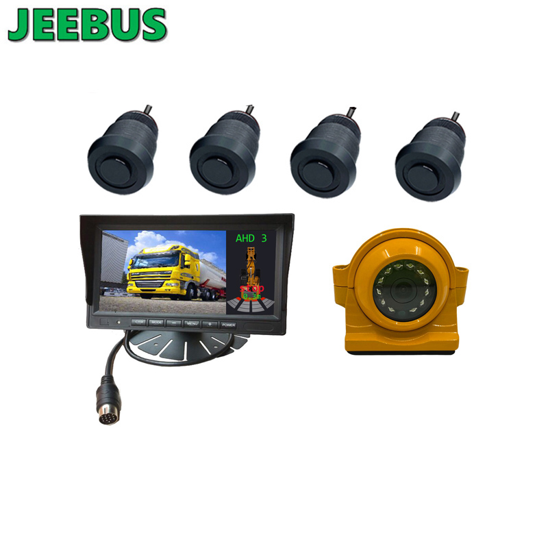 Câmera reversa de caminhão de máquinas escavadeira com sistema de detecção de radar de sensor de estacionamento digital ultrassônico e monitor AHD de 7 polegadas