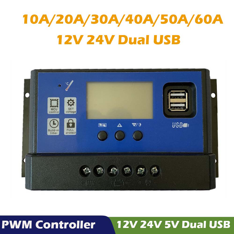 PWM Controlador de carregador solar 60A 50A 40A 30A 20A 10A 12V 24V carregador de bateria LCD Dual USB Painel Solar Regulador Max 50V PV Entrada