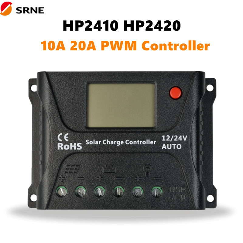 SRNE PWM Solar Off-Grade Controlador de carga 12V/24V 10A 20A LCD MAX 55V para o sistema de bateria de lítio de ácidono painel solar