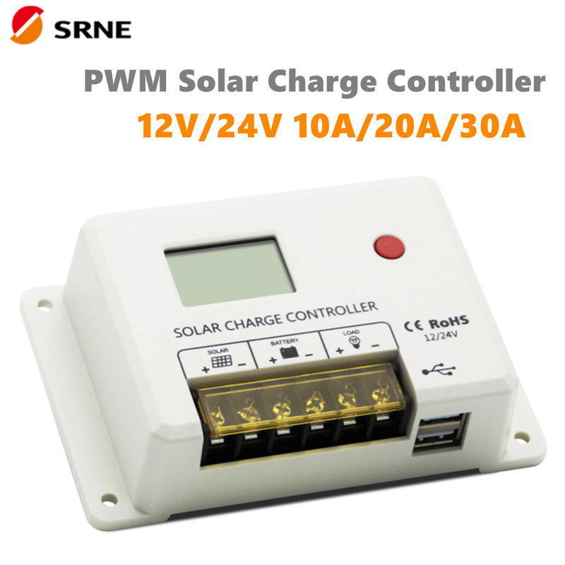 New SRNE PWM 10A 20A 30A Controlador de carga solar 12V 24V Auto LCD Display Dual USB 5V/2A Porta para bateria de lítio de ácido chumbo
