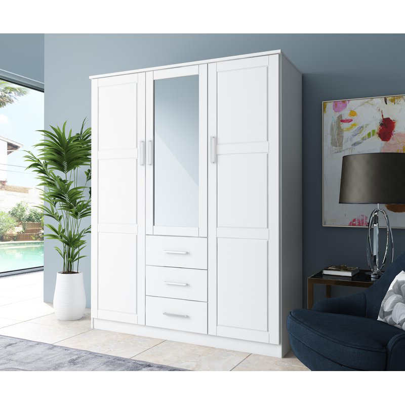 MWD22008-Solid Wood Family Wardrobe/Closet/Closet, armário de 3 portas com espelho e 3 gavetas, branco.