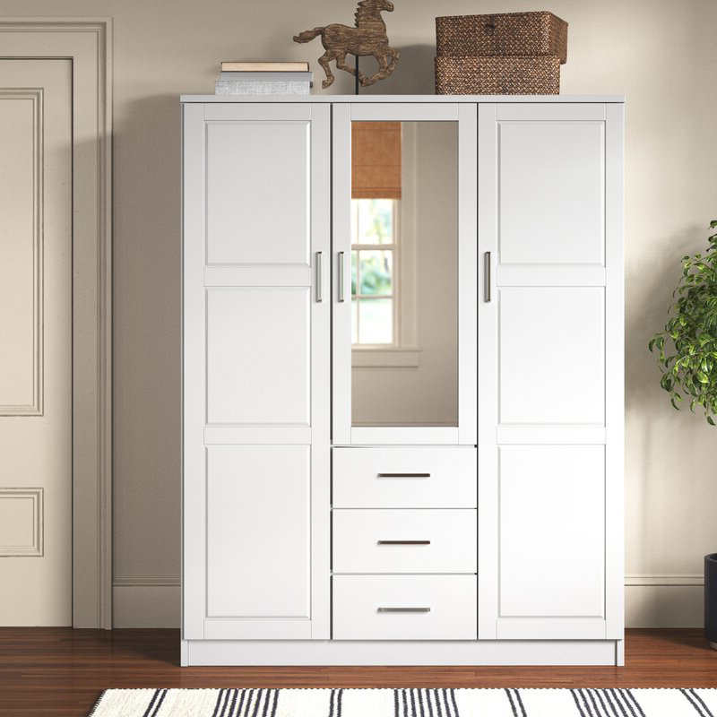 MWD22008-Solid Wood Family Wardrobe/Closet/Closet, armário de 3 portas com espelho e 3 gavetas, branco.