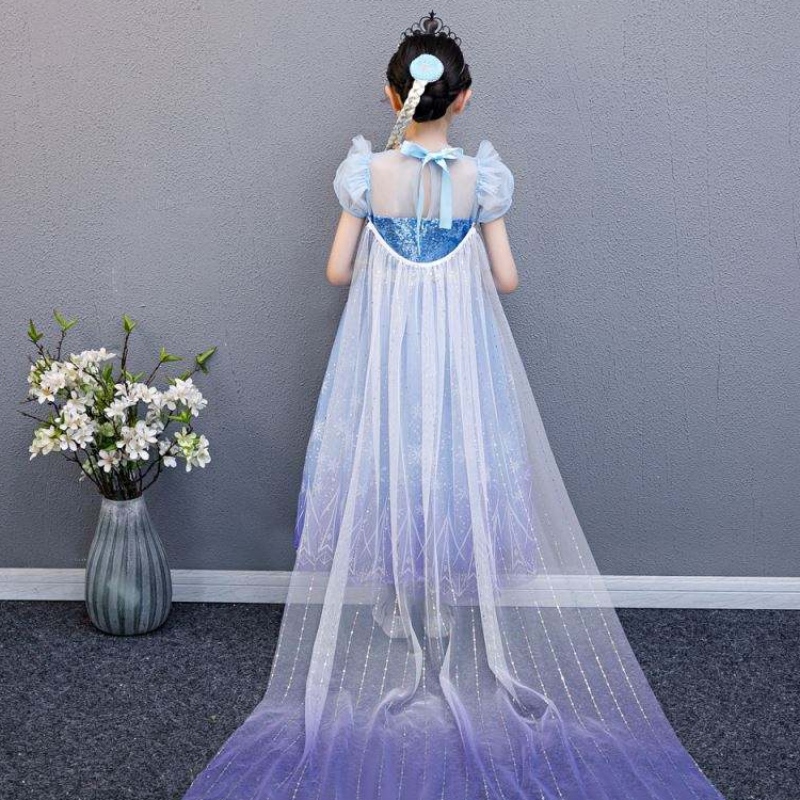 Baige 2021 New Blue Elsa Anna Girl Dress Dress Cosplay Vestes Up Princess com colar artesanal e capa longa