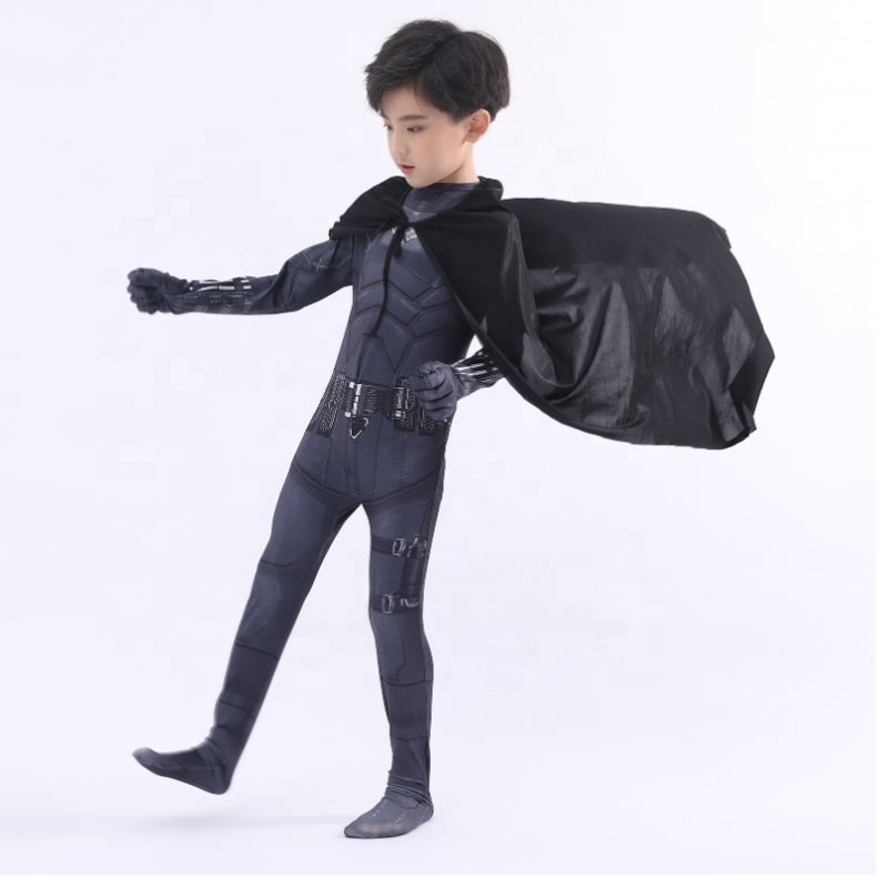 Novo estilo Black Bodysuit Halloween Kids Super -heróis Fantas de cosplay Costume Pattinson The Bat Man With Cape&Mask