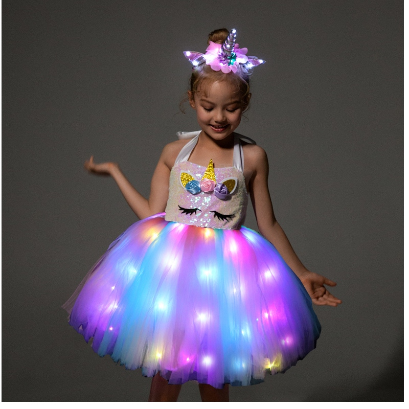 2022 crianças garotas figurinos de unicórnio fofos com vestido de luz LED para Halloween Birthday Birthday Gift Sleeve Frock Crianças
