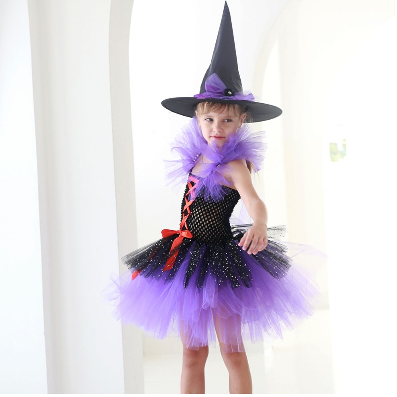 Amazon Hot Salking Tutu Witch Dress Fantaspume para meninas com Hapy Hat Halloween Carnival Party