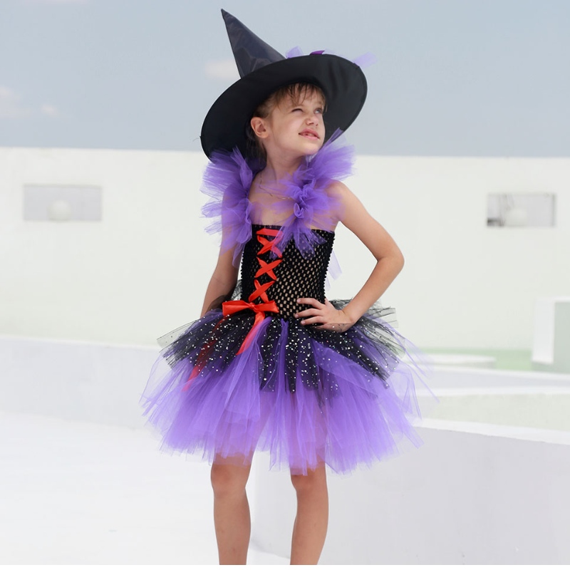 Amazon Hot Salking Tutu Witch Dress Fantaspume para meninas com Hapy Hat Halloween Carnival Party