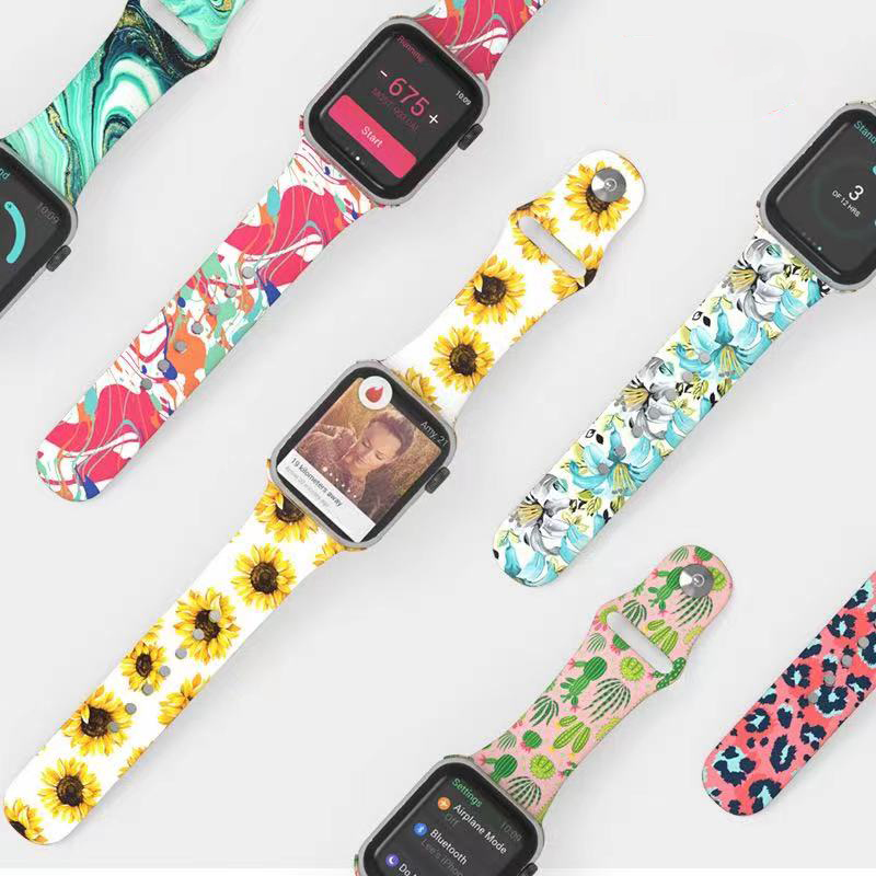 Bandas de cinta de relógio de silicone de borracha impressa macia personalizada para maçã iwatch
