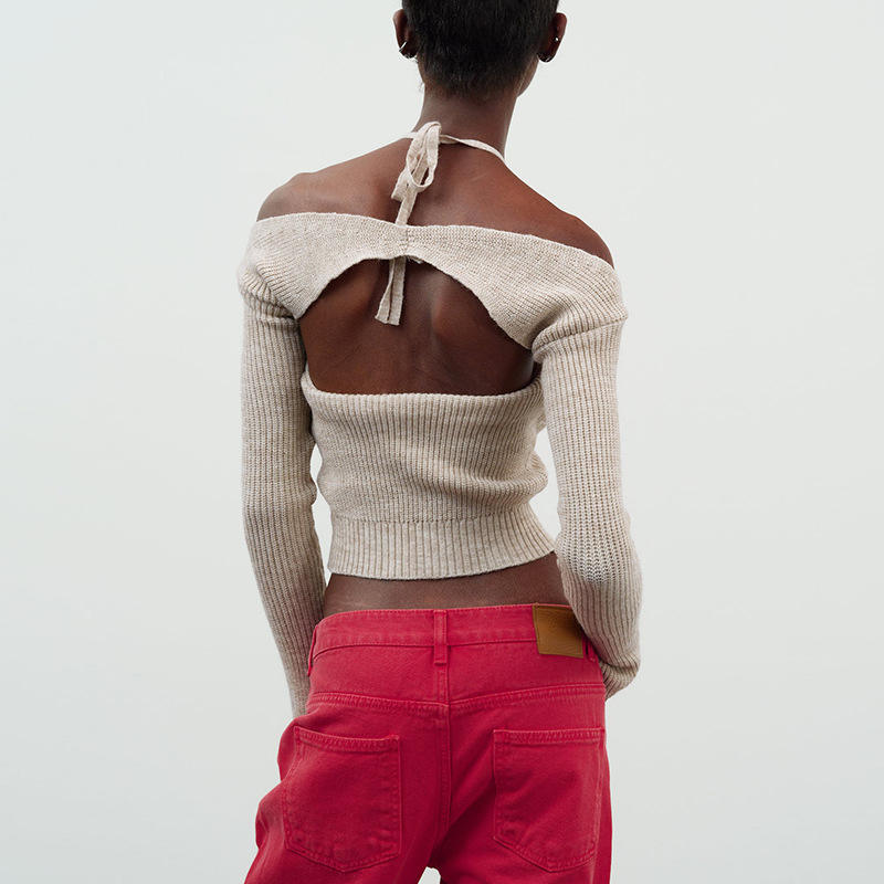 Factory Custom 2023 Summer rosa V pescoço irregular Halter pescoço Mangas compridas moda de moda curta de malha curta \\ Sweater
