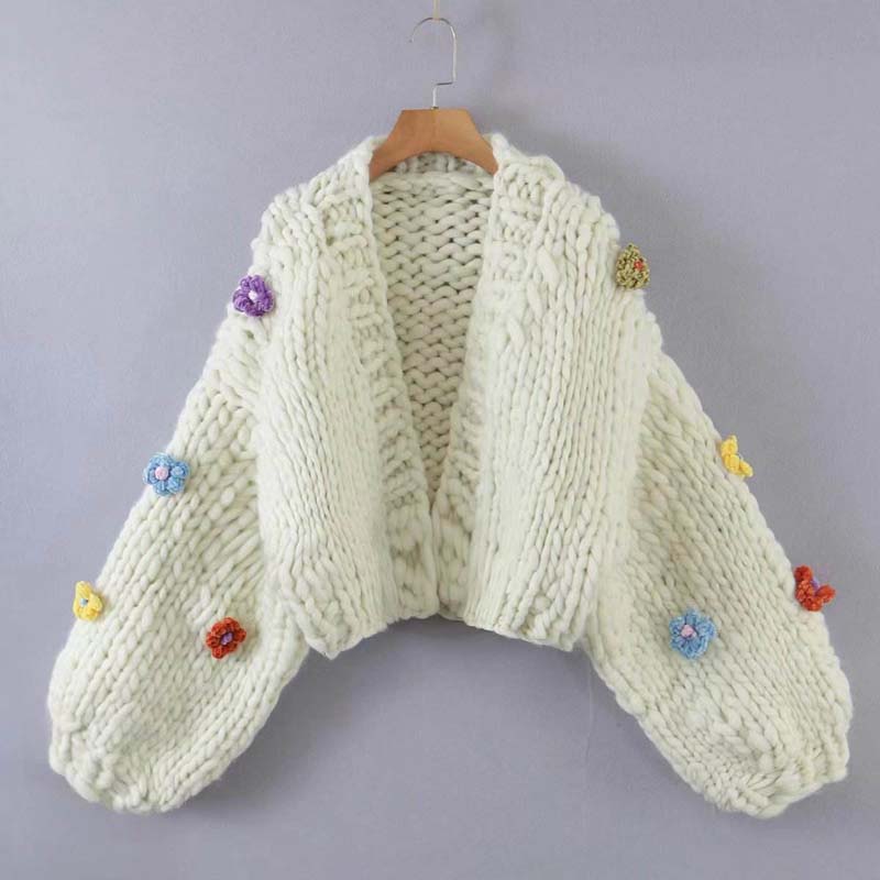 Cardigã de manga curta de algodão acrílico de cor sólida Cardigã tridimensional Sweater Women Women para o verão