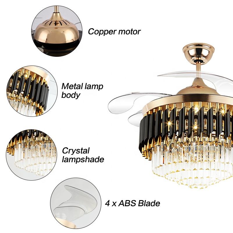 Fã de teto de lustre de K002 com luz com remoto 42 polegadas 3 cor com lustre de ventilador de cristal de alto -falante