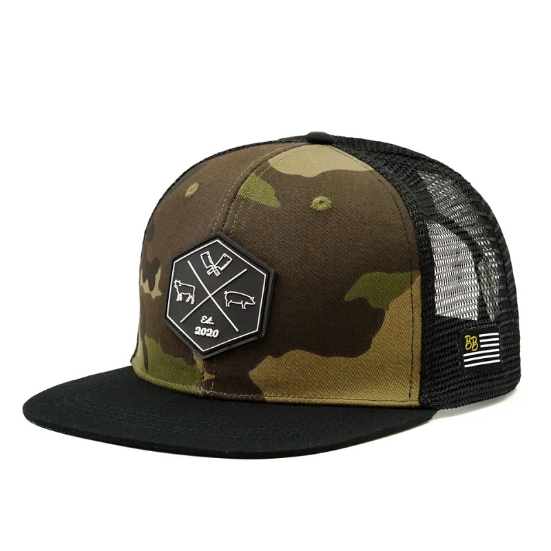 Atacado personalizado Hip Hop Camo Snapback Mesh Mesh Logo bordado Patch Custom 6 Painel Painel Capinho e chapéu