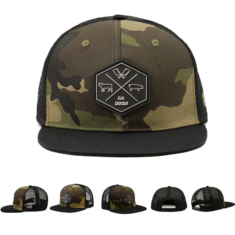 Atacado personalizado Hip Hop Camo Snapback Mesh Mesh Logo bordado Patch Custom 6 Painel Painel Capinho e chapéu
