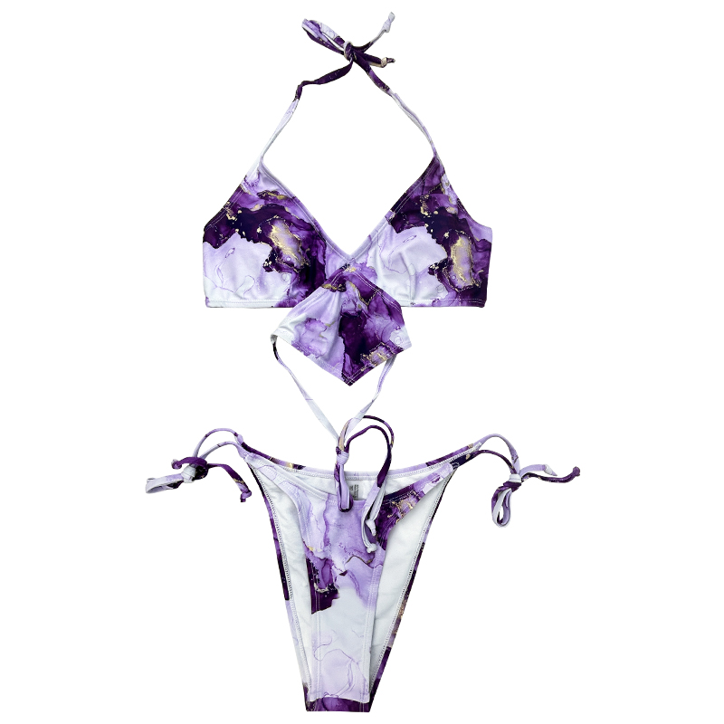 Purple renderizado gradiente colorido de pescoço tira quadrada design sensor split swimsuit