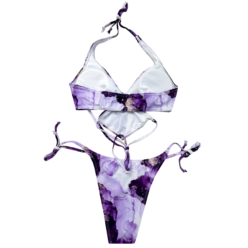Purple renderizado gradiente colorido de pescoço tira quadrada design sensor split swimsuit