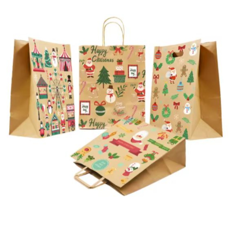Sacos de papel de Natal marrom com alças torcidas sacolas festivas personalizadas com bolsas de papel por atacado por crachá