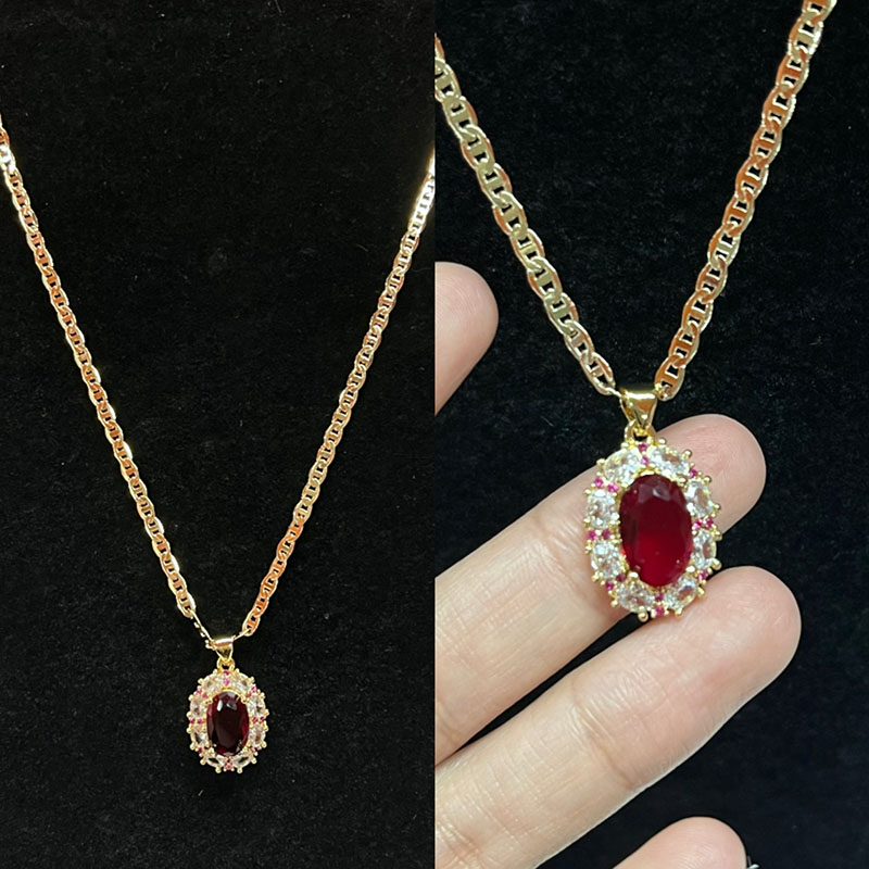 Colar Royal Ruby Halo com diamante & Acentos de safira rosa em uma corrente de ouro de 14k