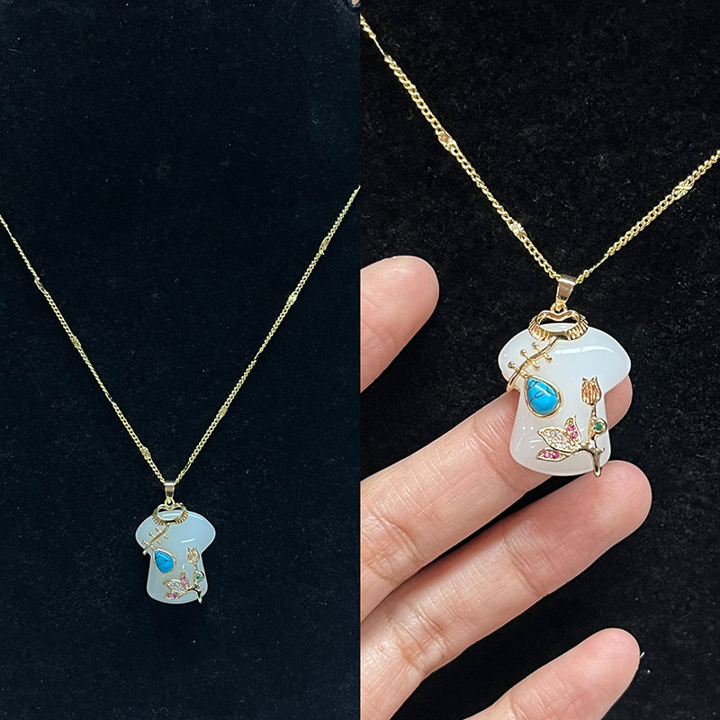 Colar de pingente chinês elegante chinês Jade branca com ouro-Detalhe floral banhado, turquesa & Acentos de zircão vintage-Jóias de moda inspiradas para mulheres