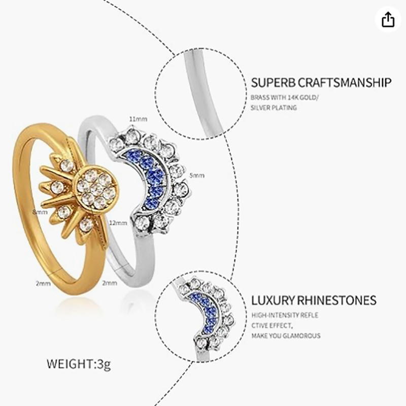 Sol celestial e anel ajustável da lua - 18k ouro & Liga de cobre banhada à platina aberta-Anel de banda com branco & Zircônia cúbica azul para amantes de astrologia e desgaste elegante de moda