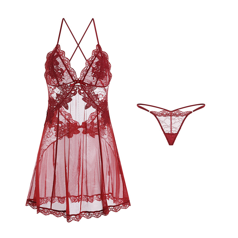 Lingerie sexy. Uma ver - Através, vestido de deslizamento sedutor com um puro - ainda - estilo sedutor, com malha e renda de renda, construído - em blocos de sutiã e um aberto - Back Halter Design899 Preço:$99.99