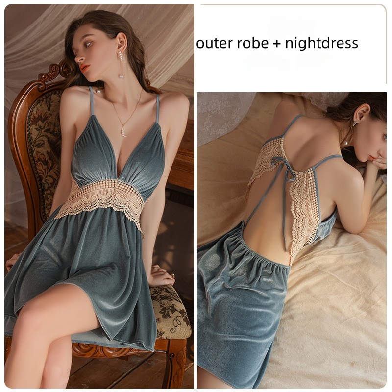 Novo estilo Autumn e Winter Velvet e Tulle Backless, Sexy Deep V-camisola em forma de construído-Em blocos de sutiã e uma túnica externa correspondente, perfeita para o Wear4054 Preço:$179.99