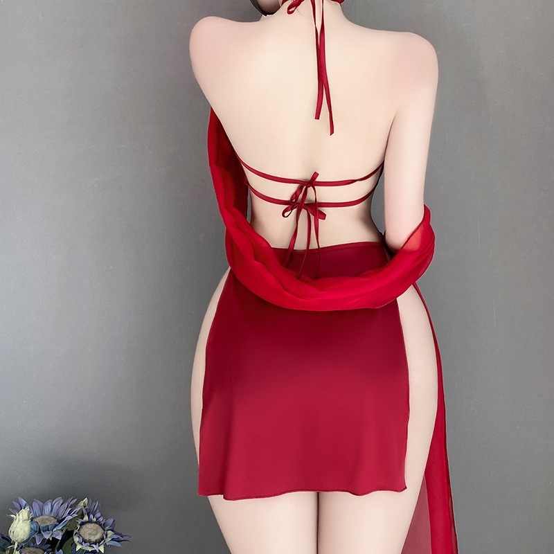 Retro - Estilo Sexy Lingerie Set for Women: Halter - pescoço com gravata - detalhes para cima, bordado delicado, puro - ainda - estilo atraente, oco - design sem costas, de uniforme - Look 4291PRICE inspirado:$169.99