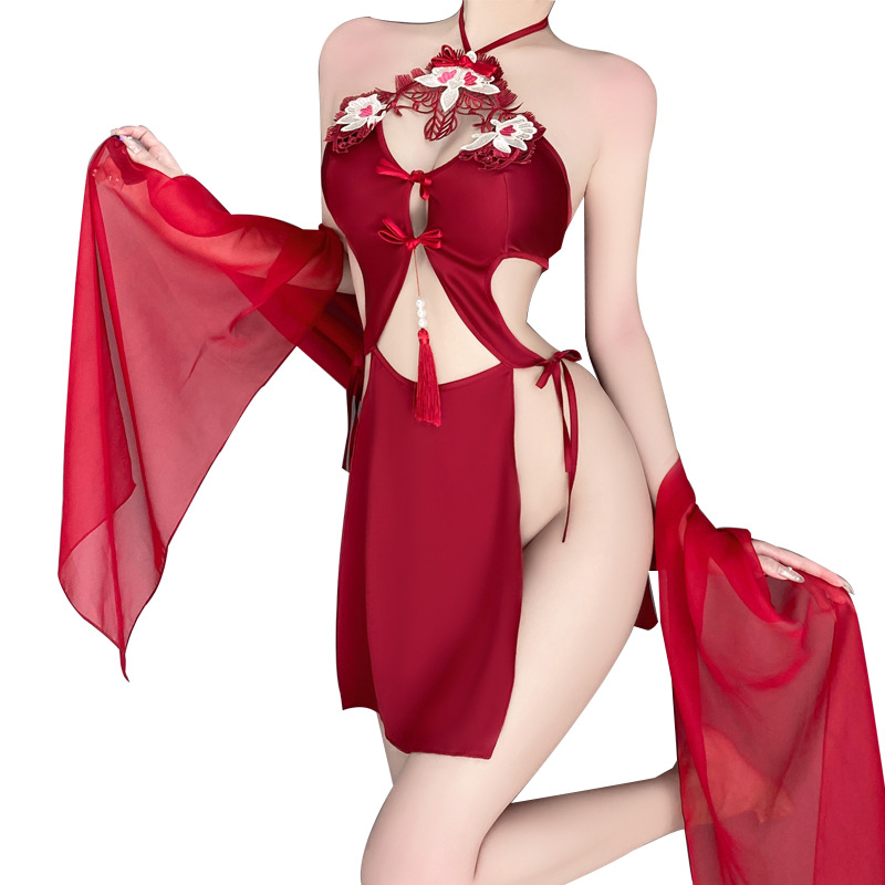 Retro - Estilo Sexy Lingerie Set for Women: Halter - pescoço com gravata - detalhes para cima, bordado delicado, puro - ainda - estilo atraente, oco - design sem costas, de uniforme - Look 4291PRICE inspirado:$169.99