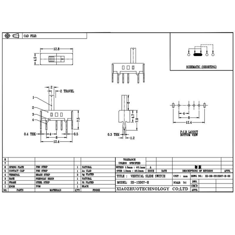 Switch de alternância SS13D07 Single-Linha quatro-Pin Micro Toggle Switch, interruptor vertical de alternância para aparelhos elétricos, 3, 4, 5 e 6 Posições Straning Switch