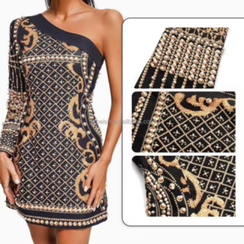 Summer Jacquard Knit Slant ombro Manga longa, vestidos finos com miçangas