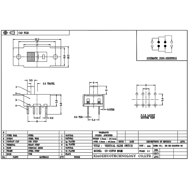 interruptor deslizante SS23F06 Custom-fez o dobro-Linha 6-Pin vertical aspirador de pó de pó.