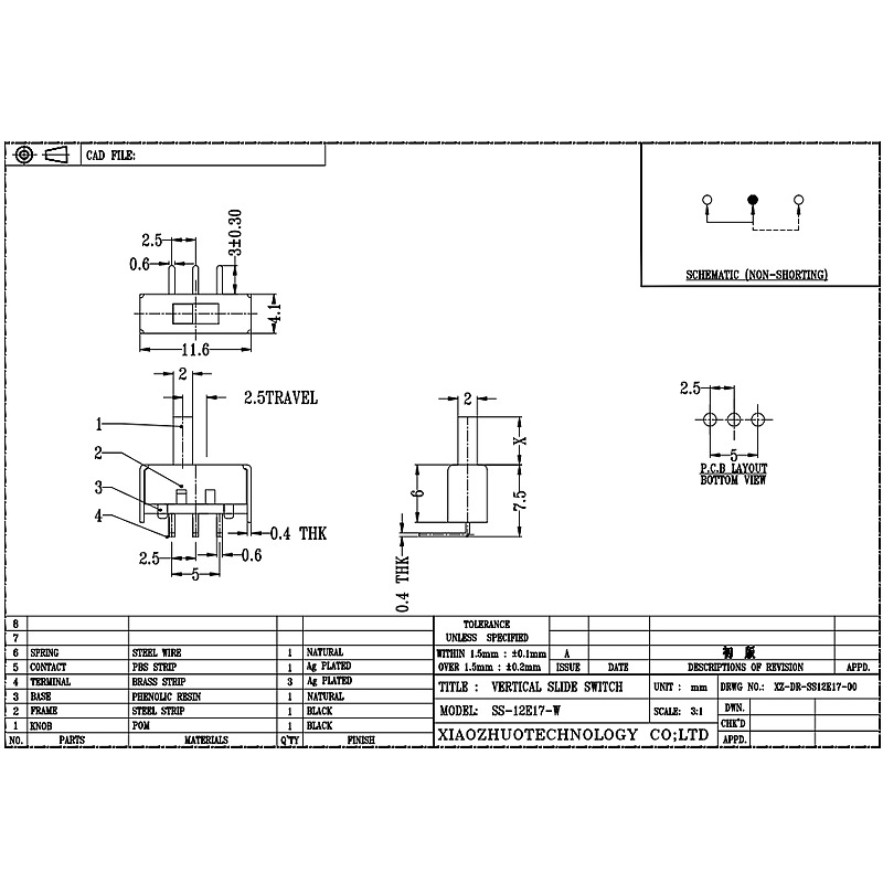 interruptor deslizante SS12E17 Aquecedor elétrico Stranking Brend Foot 2-Posição 3-interruptor de alternância do pino
