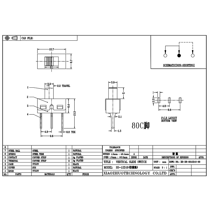 interruptor deslizante SS12D10 Switch de deslizamento de brinquedo eletrônico 2-Posição 3-pino único-interruptor da banda de palco