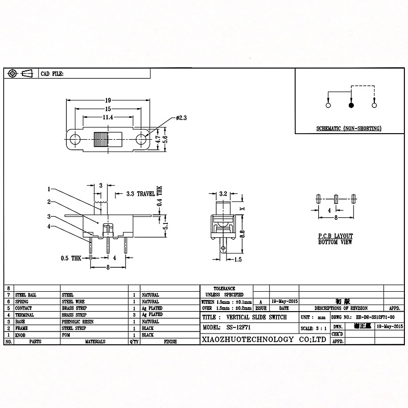 interruptor de deslizamento SS12F71 para iluminação, aparelhos elétricos e pequenos eletrodomésticos, um 1-Posição única-Linha três-PIN vertical slide interruptor